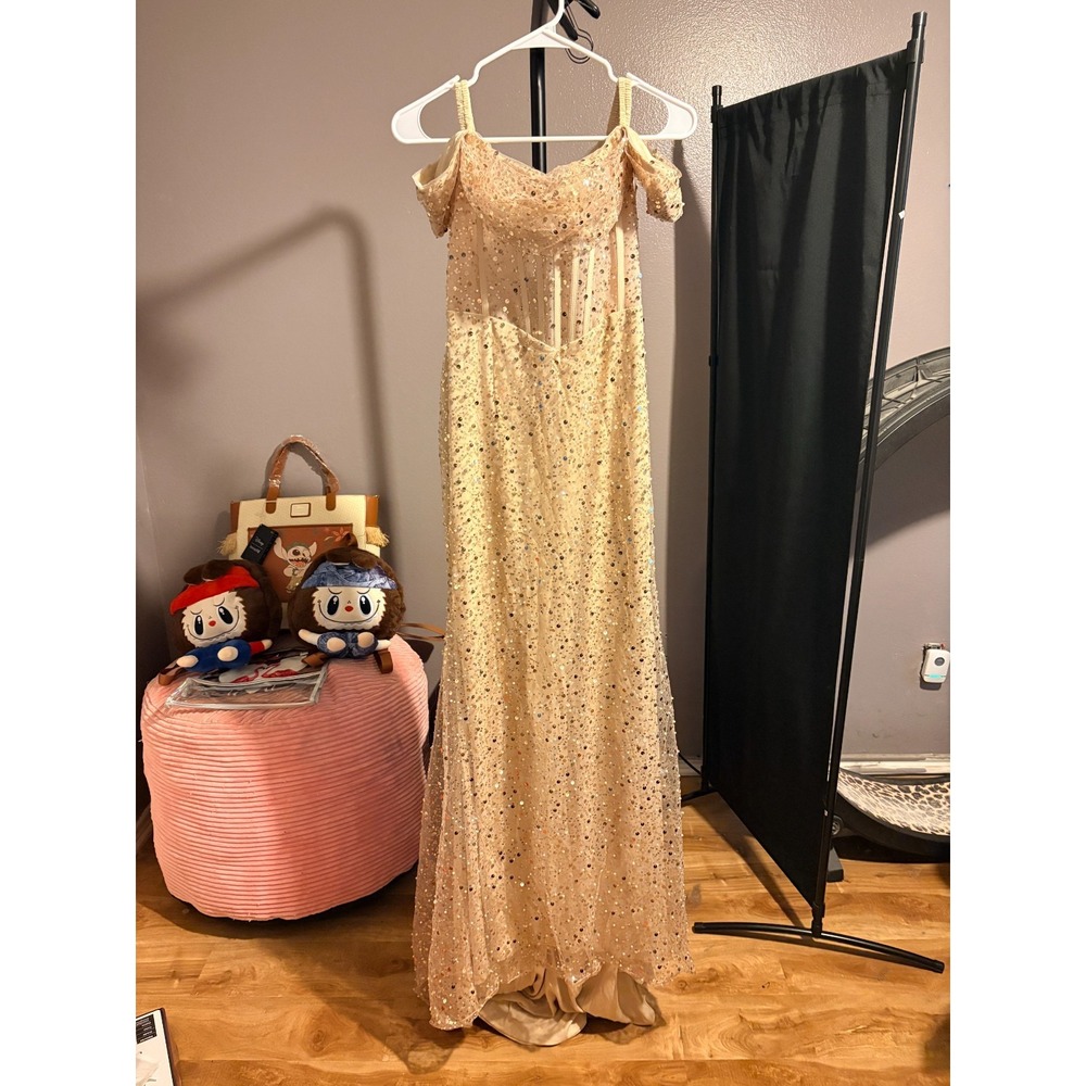 Ryanth Beige Sequin Sleeveless Corset Back Occasion Gown Sz 4